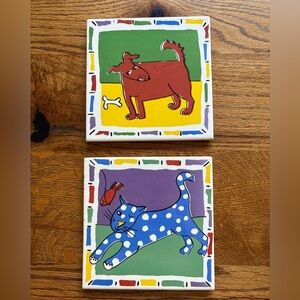 Set of 2 Vintage Dog and Cat Trivet- Made in Portugal- cork backing